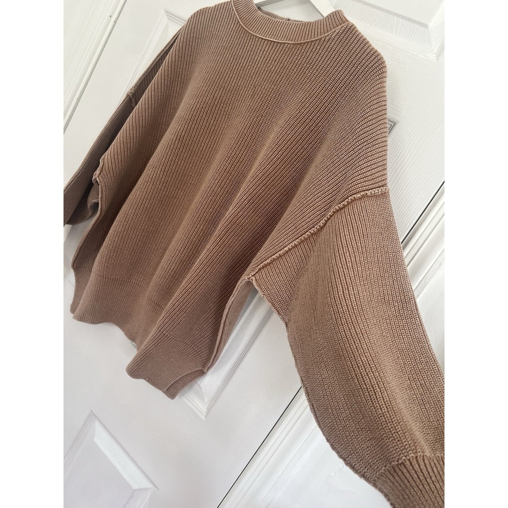 Aerie Ribbed Knit Sweater Balloon Sleeve CrewNeck Brown Cozy Casual Lounge Top M - Picture 4 of 10